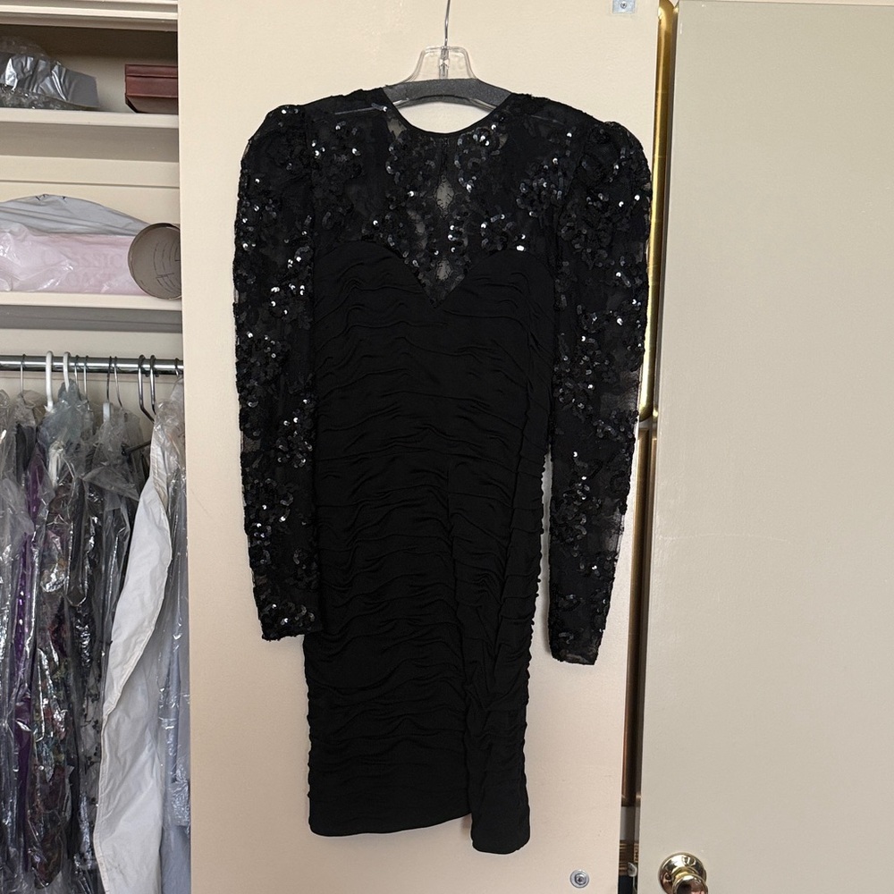 Black Sequin Long-Sleeve Ruched Evening Dress